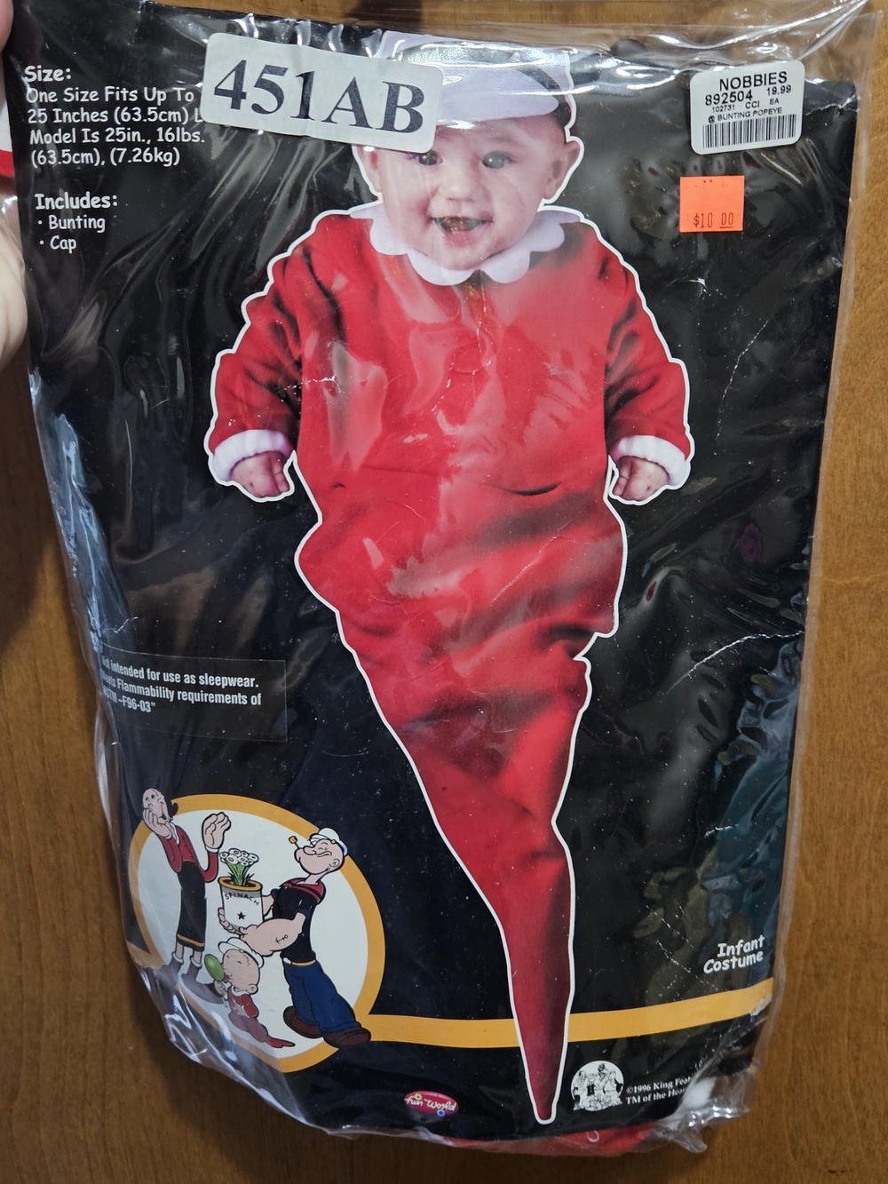 Vintage Popeye Swee'Pea Infant Halloween Costume Bunting 451AB Fun World Sz 0-9M